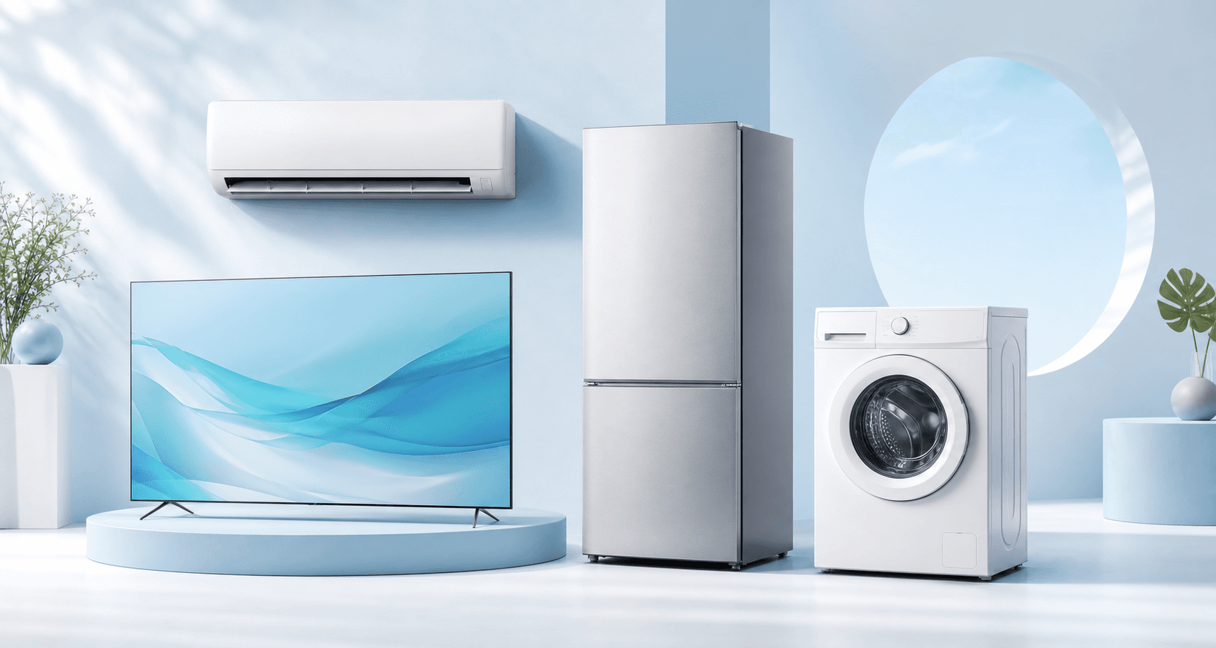 Air conditioner, television, refrigerator and washing machine in a bright modern studio